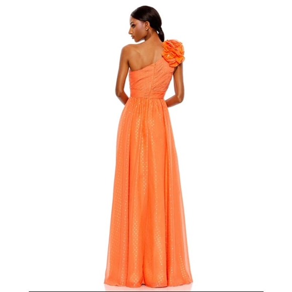 Mac Duggal Polka Dot Ruffled One Shoulder Gown in Tangerine - Picture 2 of 8